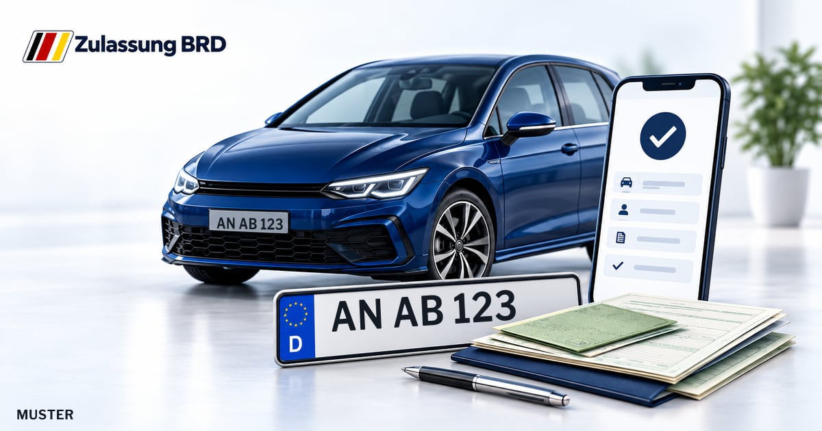 Online Fahrzeugzulassung in Dinkelsbühl: Musterkennzeichen AN AB 123, Auto und Fahrzeugpapiere und Smartphone. Illustration mit Logo von Zulassung BRD.